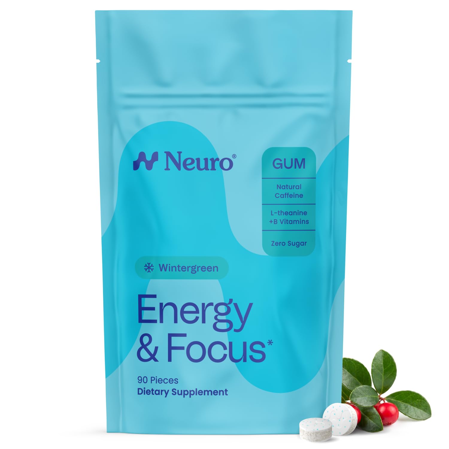 Neuro Energy & Focus Gum - Caffeine Gum with 40mg Natural Caffeine & L-Theanine - Nootropic Energy Supplement with B Vitamins - Sugar Free, Vegan - Wintergreen, 90ct