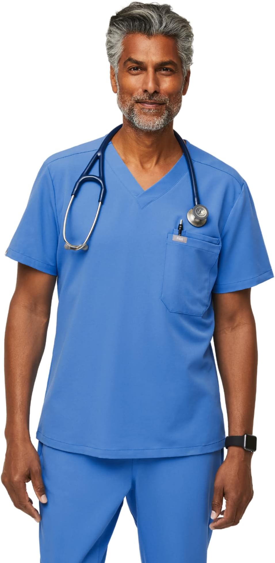 Leon Scrub Top for Men – 3 Pockets, Tailored Fit, Modern V-Neck, 4-Way Stretch, Moisture-Wicking Men's Scrubs, Capri Blue, XXL