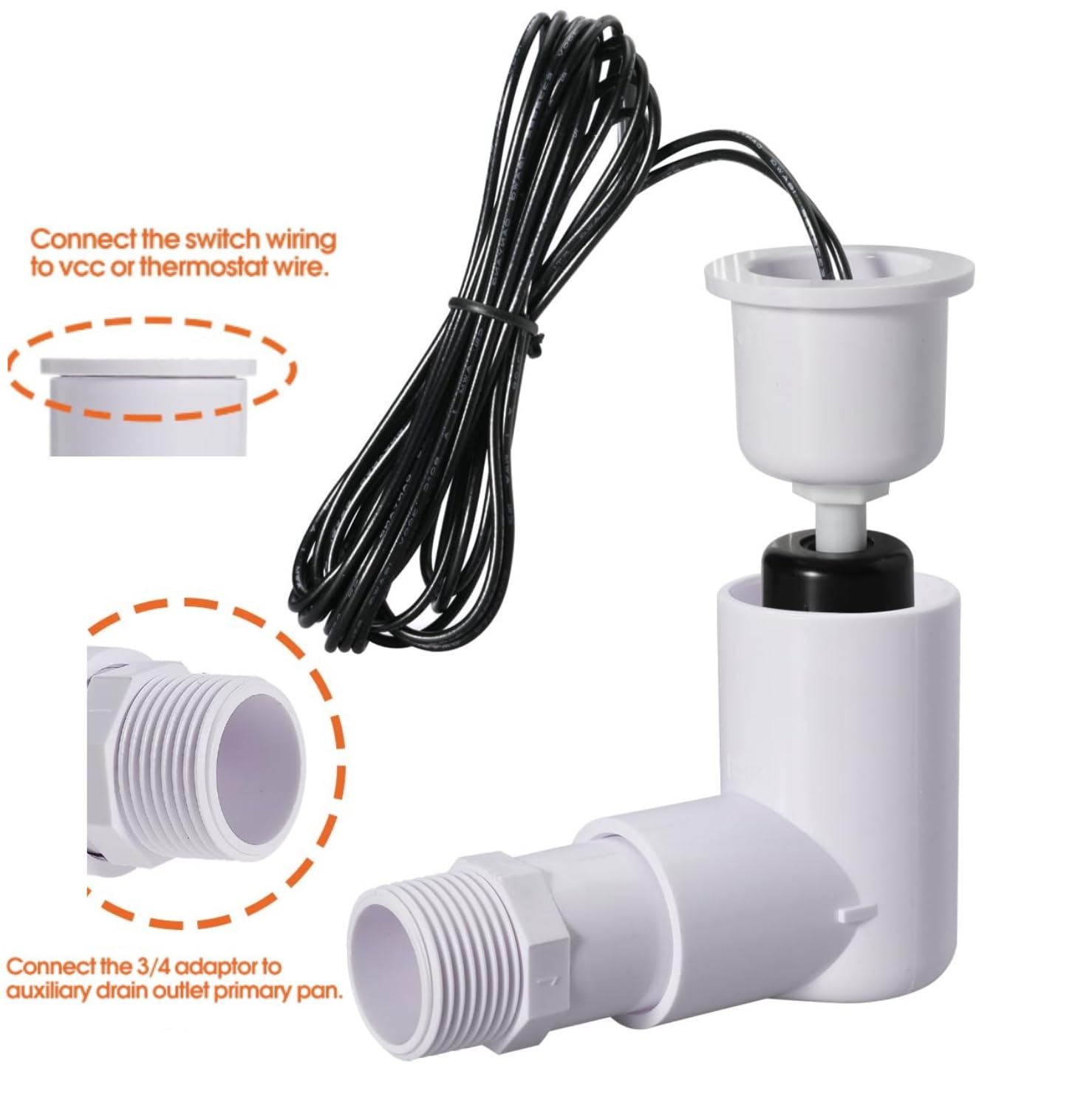 Interruptor flotante SS2 en forma de L con adaptador de 3/4 pulgadas y interruptor de flotador de agua de alambre de 6 pies para salida de condensado de bandeja de drenaje HVAC (10 piezas)