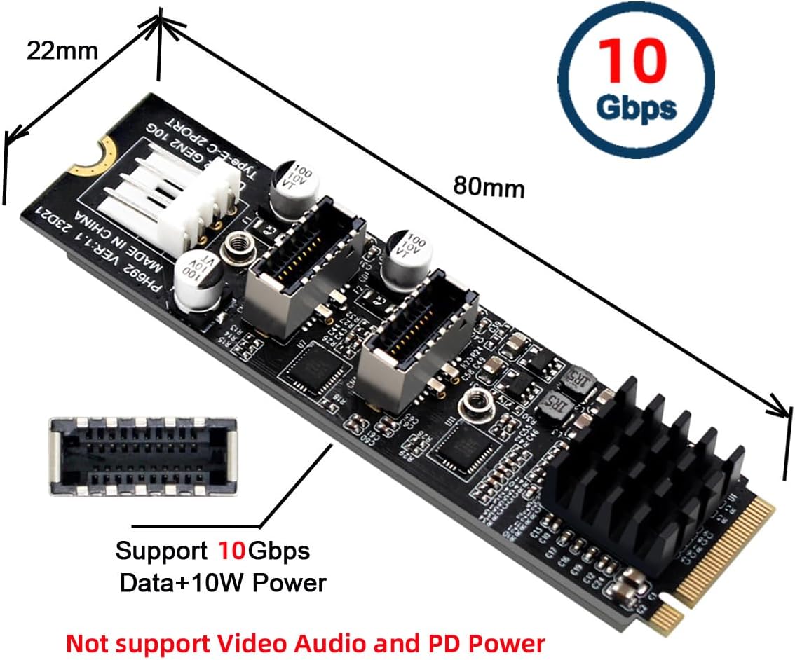 10Gbps Dual Type-E USB 3.1 Front Panel IDC Socket to NVME NGFF M-Key Express Card Adapter ASM3142 for Motherboard
