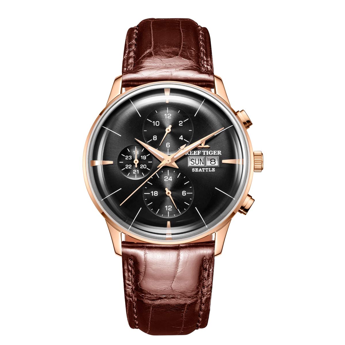 REEF TIGER Luxury Dress Watch Genuine Leather Strap Rose Gold Automatic Watches for Men RGA1699 (RGA1699-PBS)