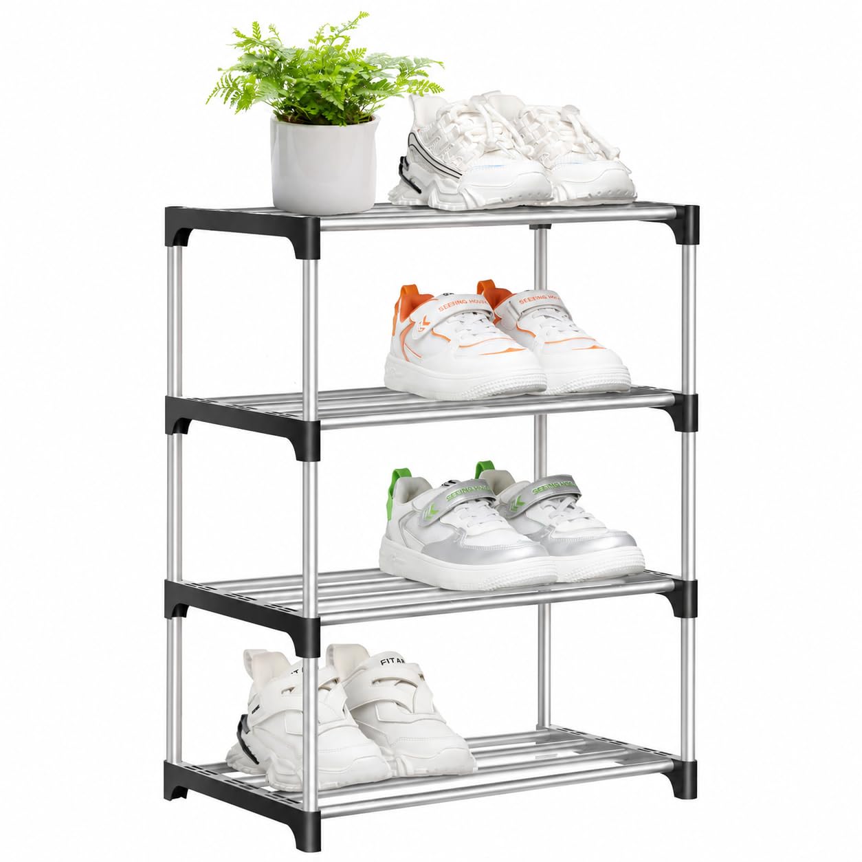 4-poziomowy stojak na buty, mały stojak na buty, metalowy organizer do przechowywania butów, wąski, można układać w stos, do przedpokoju, sypialni, szybki montaż, bez użycia narzędzi, 44 x 28 x 53 cm (4-poziomowy czarny)