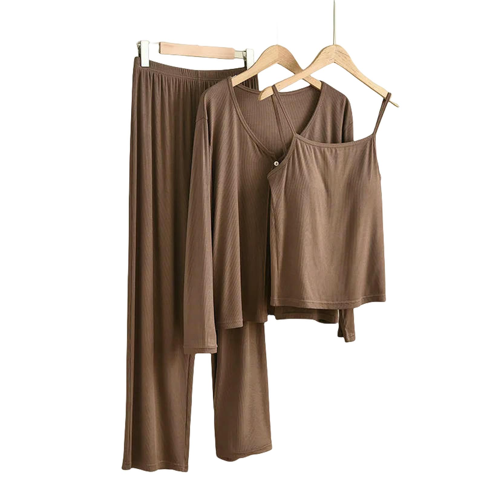 Pigiama da Donna Pantaloni Set Manica Lunga Modale Indumenti Notte Abito A Tre Pezzi Primavera Autunno Abbigliamento Casa Pijama Feminino-caffè-l