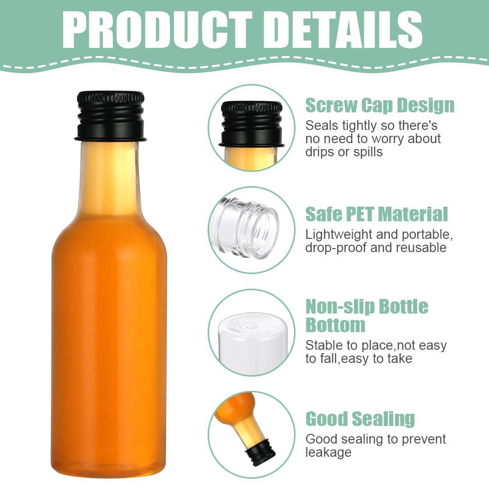 HOTUT Mini botellas de plástico 50 ml reutilizables con tapas, paquete de 18 unidades con 2 embudos, 20 etiquetas y cuerdas