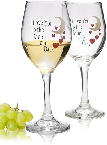 Miniatura 6 de Lovers - Juego de 2 copas de vino, con texto en inglés "I Love You to the Moon & Back with Red Hearts", diseño de corazón, aniversario, boda,