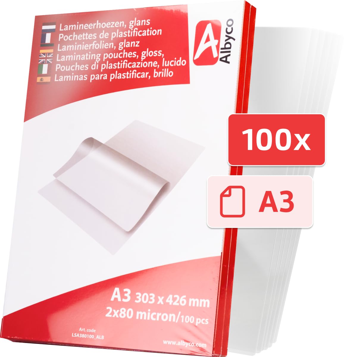 Albyco Foglio di Laminazione A3 Lucido 303x426 mm 160 Microns 100 Pezzi
