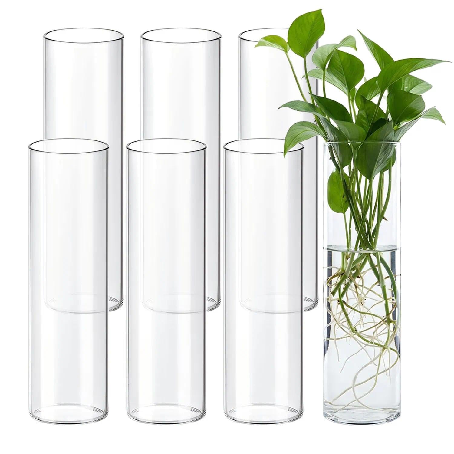 Glass Vase Set, 7 Cylindrical Transparent Vases for Wedding, Table Decoration, Candle Holder, Flower Arrangements (30 cm, 7 Pieces)