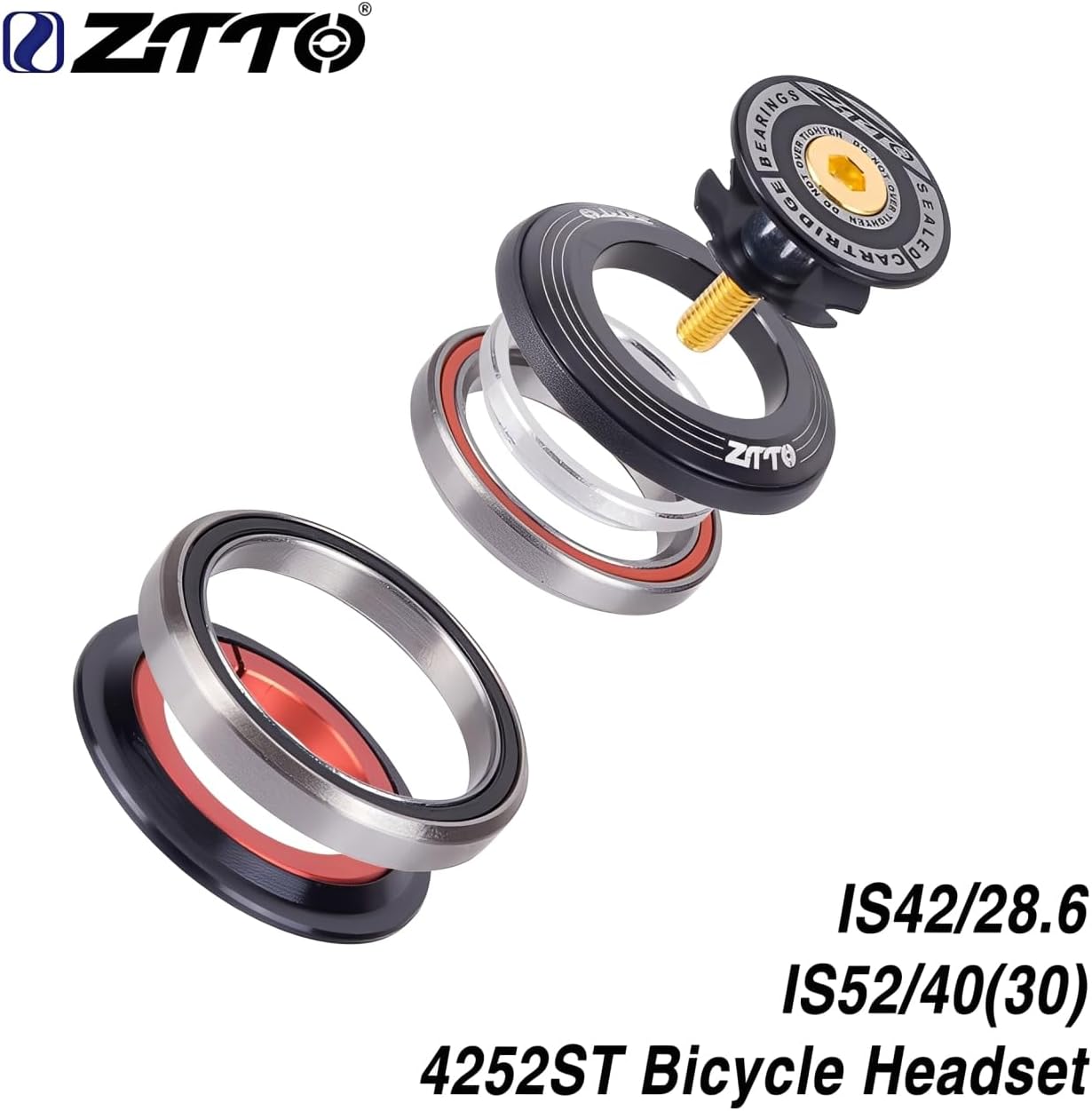 Bike Headset, 42mm 52mm CNC 1 1/8"-1 1/2" Tapered Tube Fork Straight IS42 IS52 Integrated Angular Contact Bicycle Bearing Headset, 4252ST