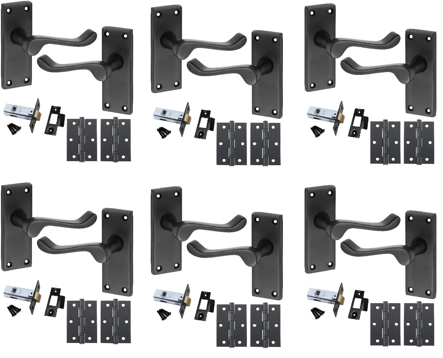 Golden Grace Premium Victorian Scroll Door Handles Latch in Matt Black Finish with Black Ball Bearing Hinges & Latch Pack, 6 Sets - 120mm x 40mm Backplate — image 1