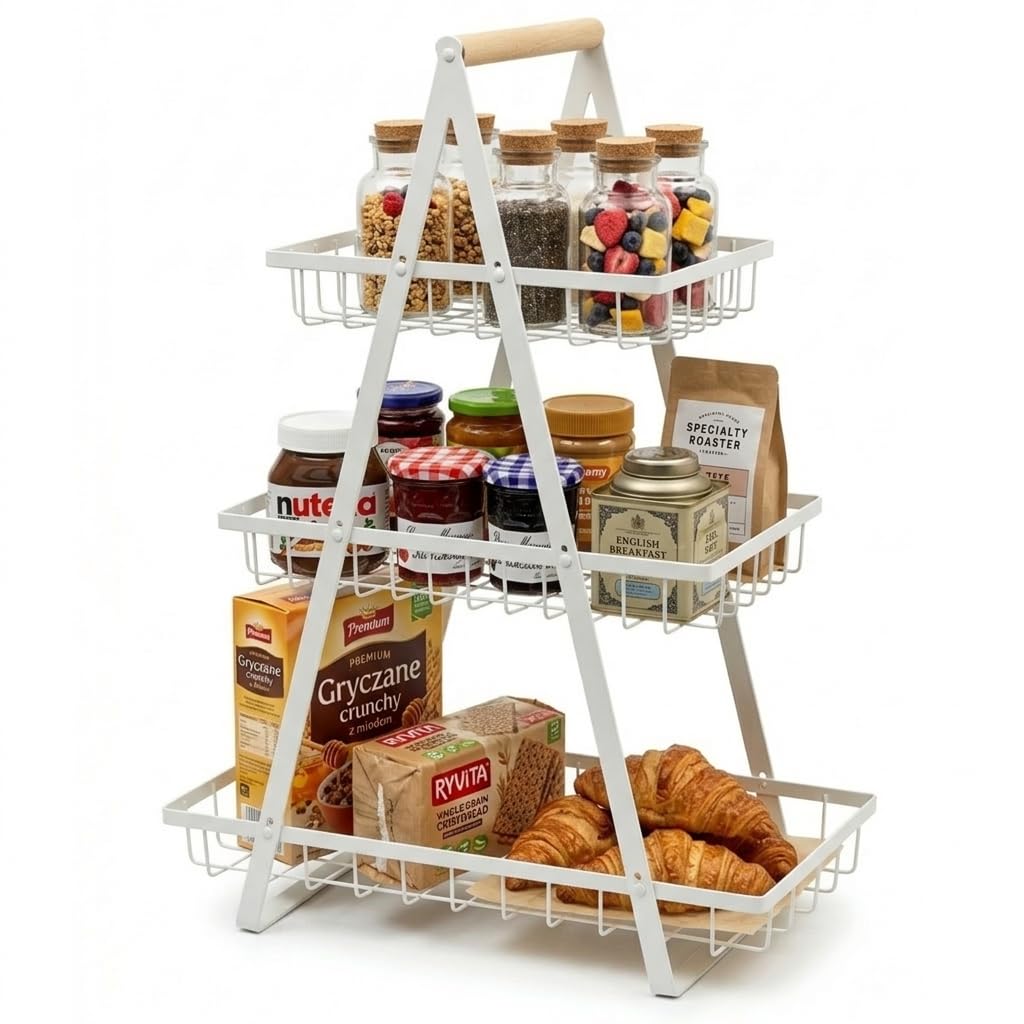 Portafrutta a 3 Ripiani – Contenitore per Frutta e Verdura per Piano di Lavorazione Cucina, Cestino per Frutta e Verdura a 3 Livelli, Contenitore Multipiano per Verdura, Cucina in Metallo