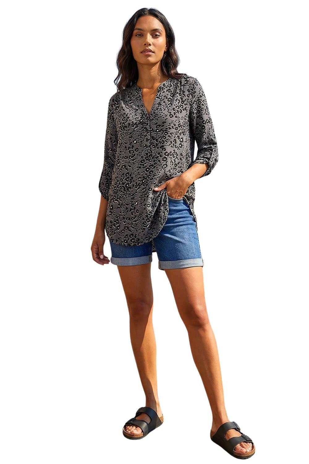 Roman Originals Women's Grey Ink Roman Shirt For Uk Top Collarless Blouse Stretchy Tunic Smart Casual Autumn Winter Jersey 3/4 Length Sleeve Notch V Neck Flattering Office Work - Size 14