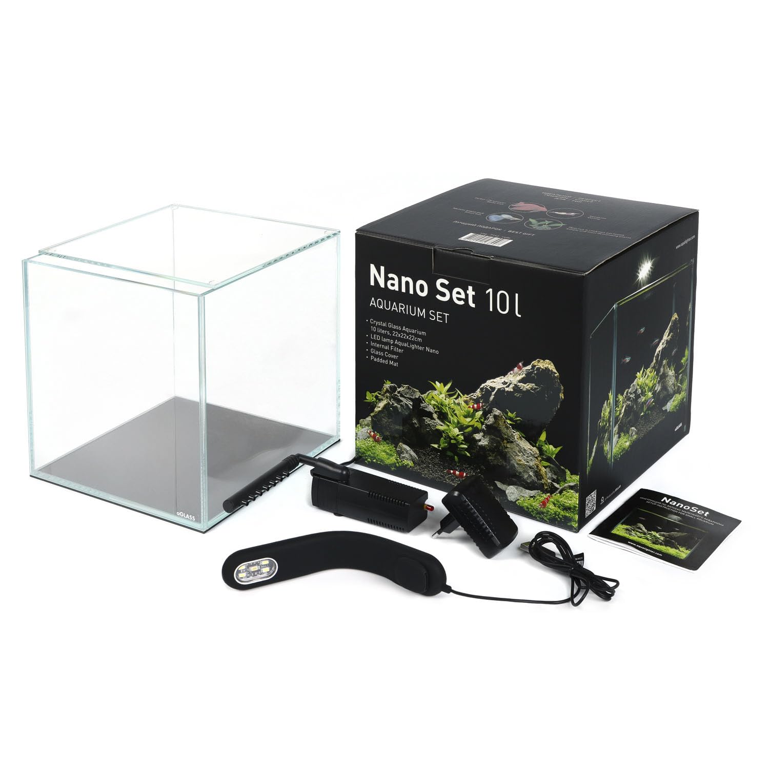 AquaLighter Nano-Aquarium 10 l Set aus Weißglas, mit LED-Beleuchtung und Filter