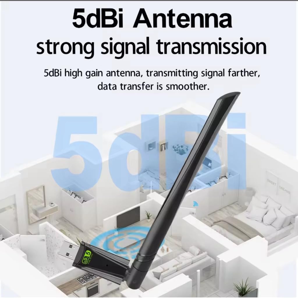 USB WiFi Adapter, 650Mbps Dual-Band Wireless Network Card with 5dBi High Gain Antenna, Plug and Play, RTL8811CU
