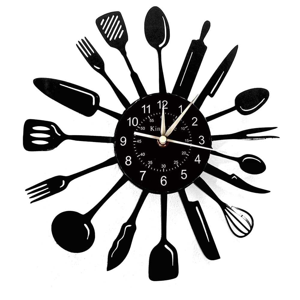 Smotly Black Vinyl Wall Clock, Chef Cutlery Pattern Modern, Kitchen Home Decor Silent Manufacturing Wall Clock Gift.