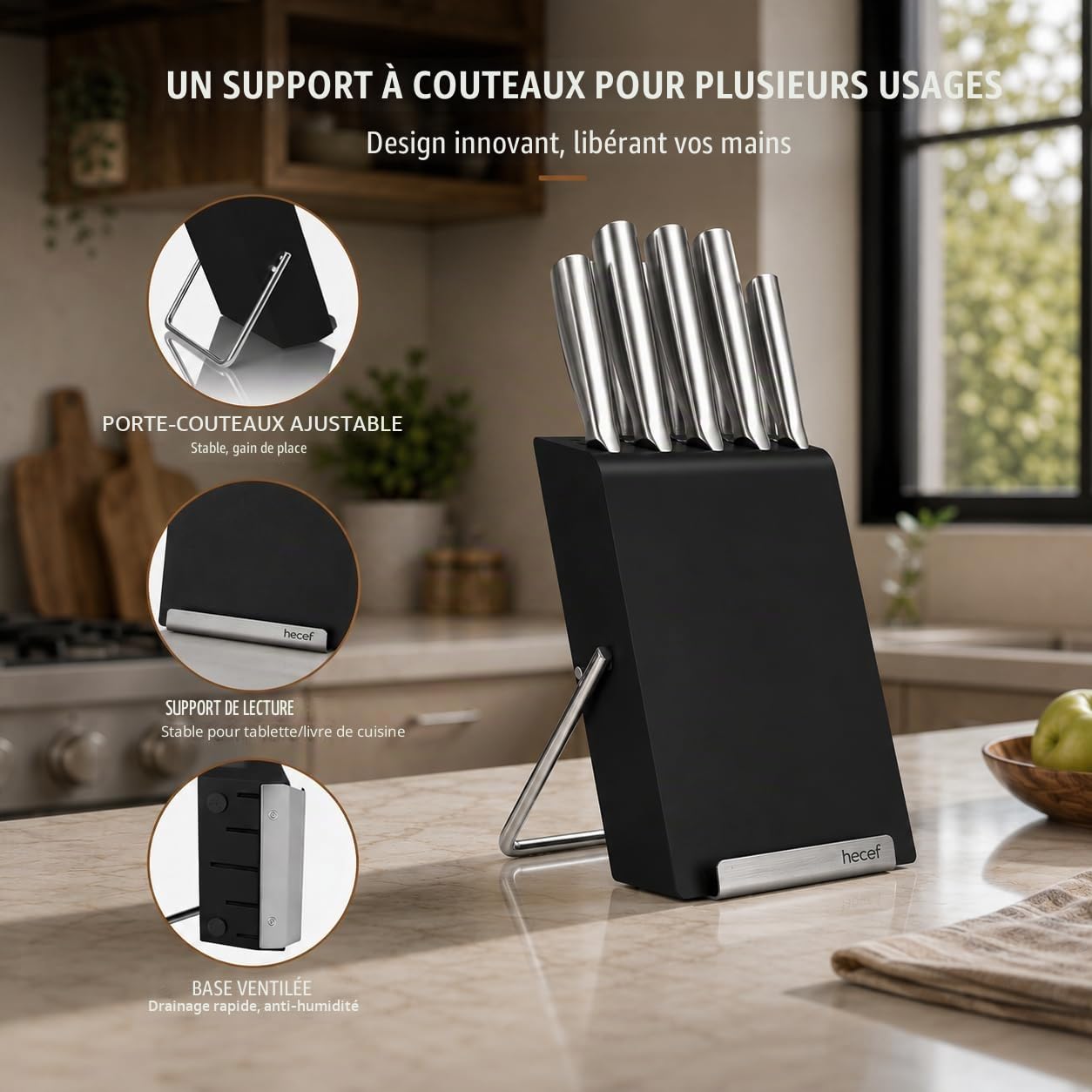 hecef Bloc Couteaux de Cuisine, 6 Pièces, Support Tablette et Planche, Noir | Couteau Cuisine en Acier Inox, Bloc polyvalent avec Support Intégré pour Tablette ou Planche à Découper, Cuisines Modernes
