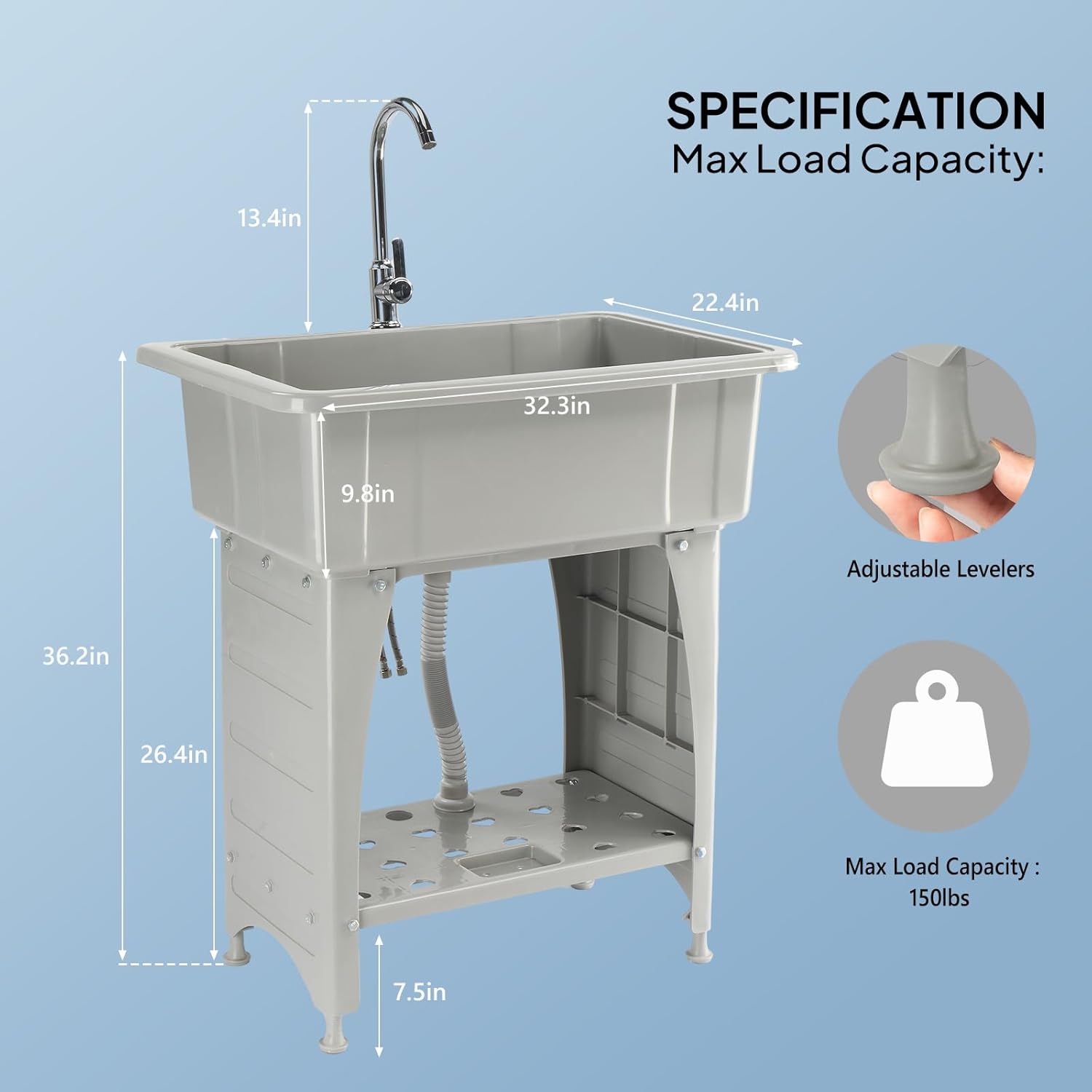 VINGLI 20-Gallon Utility Sink Laundry Tub for Washing Room, Freestanding Utility Sink with Stainless Steel Faucet, 22.4"D x 32.3"W x 49.6"H(Faucet included), Grey
