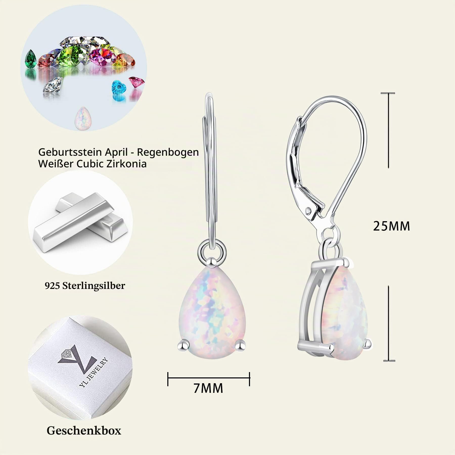 YL Damen Ohrhänger 925 Sterling Silber 12 Geburtsstein Zirkonia Ohrringe