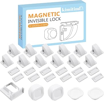 12 Pack Magnetic Cabinet Locks Baby Proofing - Child Safety Cabinet Latch Locks with Adhesive, No Drill or Tools Installation, for Cabinets Drawers Doors