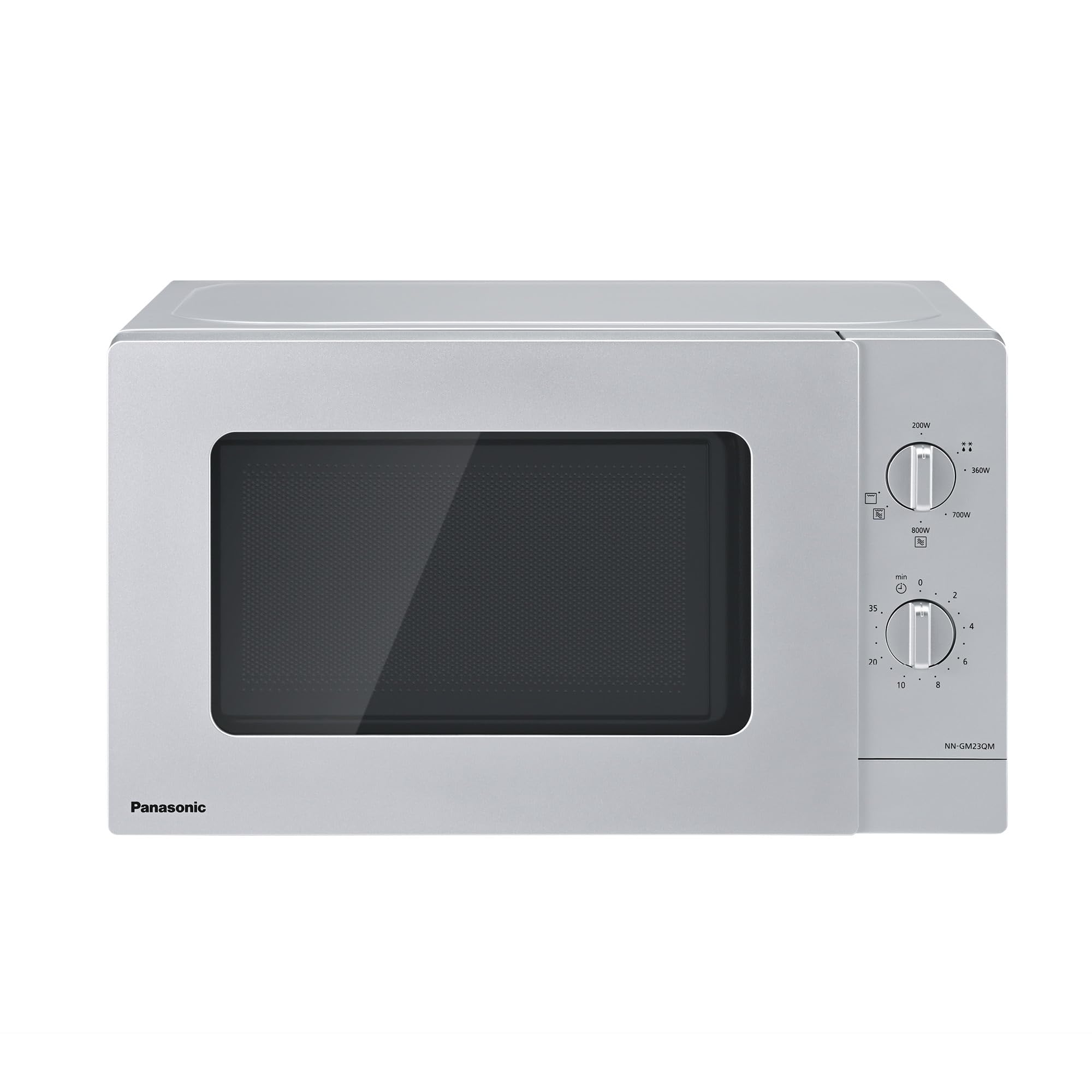 Panasonic NN-GM23QMEPG 20L Grill-Mikrowelle mit Drehteller und Grillrost, 800 W, 1000 W Grill, Auftau-Funktion, einfache Bedienung durch Drehregler, Quick 30, Timer, Silber