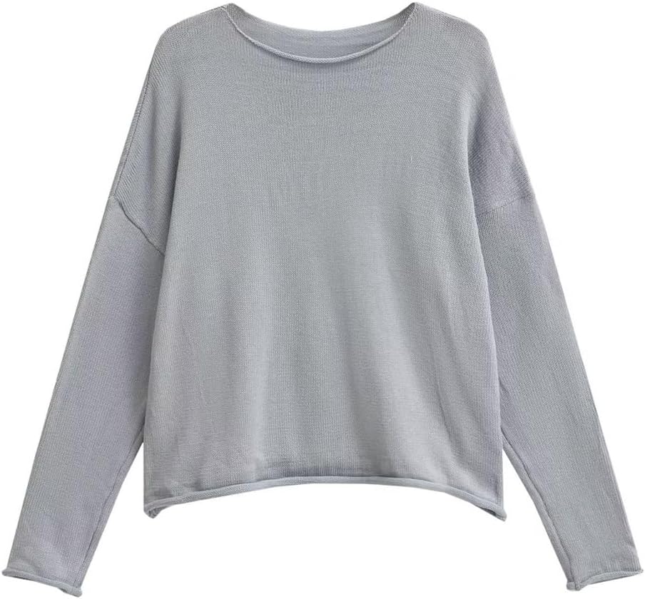 Autumn Women's Solid Color Round Neck Unstitched Trim Layer Knit Tops