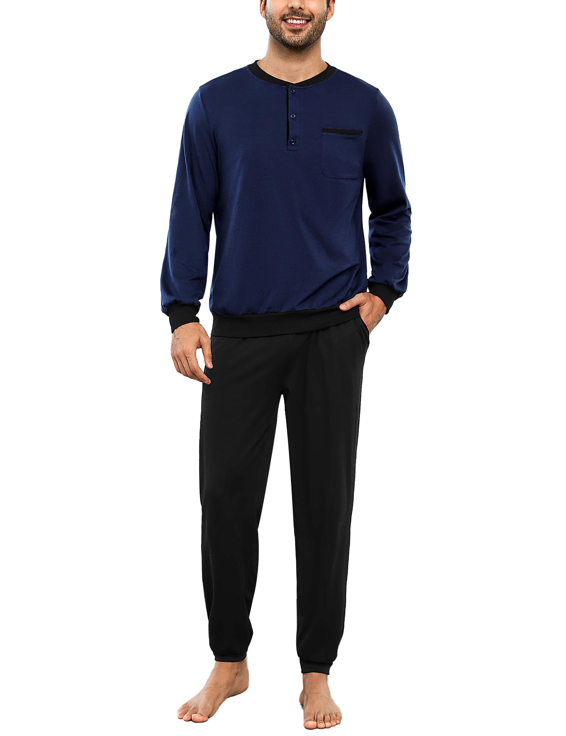 Bresdk Pigiama Uomo Invernale in Cotone Lungo a Maniche Lunghe e Pantaloni Pigiami Due Pezzi da Uomo con Tasche S-3XL