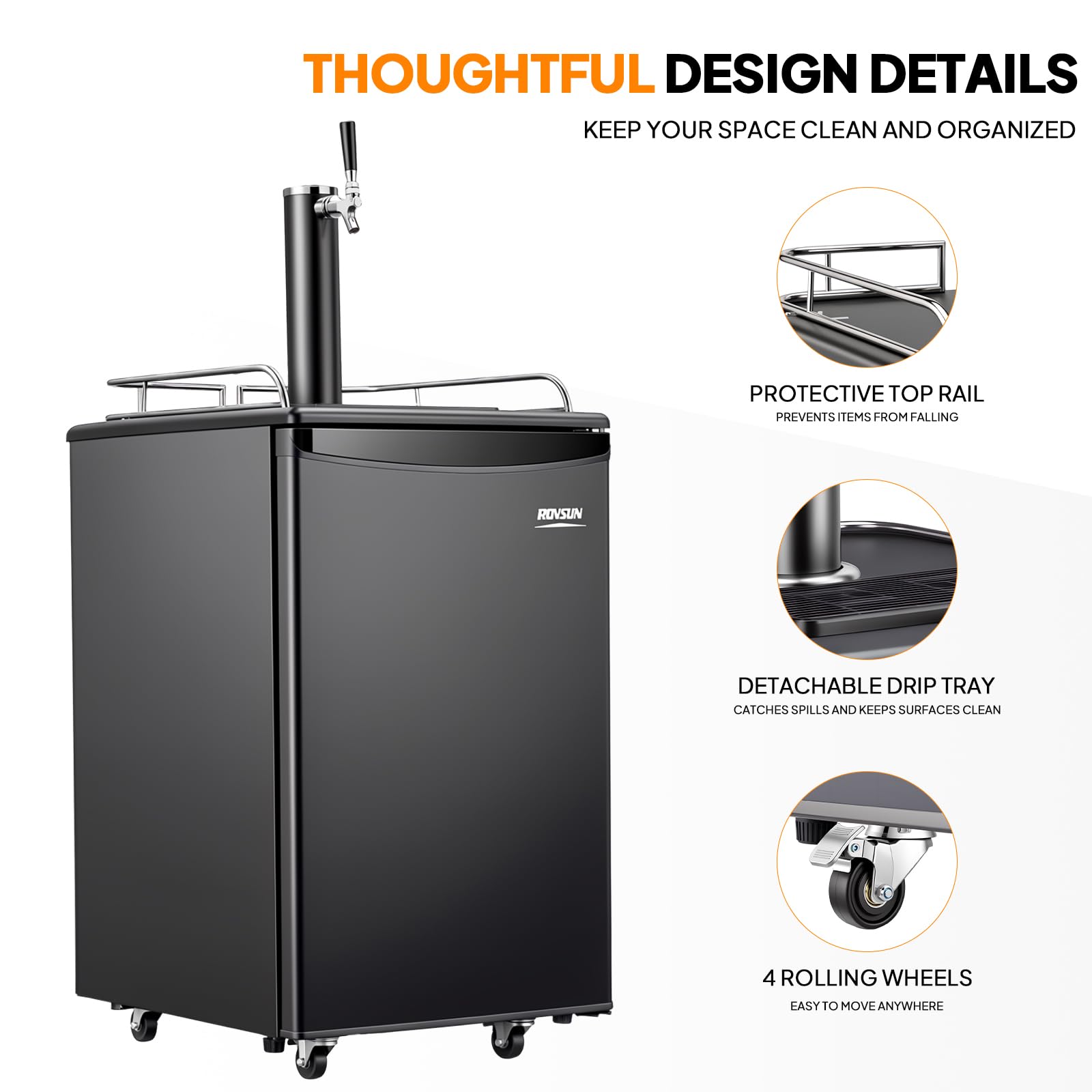 Rovsun Bf-152 Full Size 5.4 Cu.Ft, Beer Kegerator With Co2 Tank Included, Draft Beer Dispenser For Home Bar, 152l Beverage Refrigerator Direct Cool, Metal Cabinet, Single Tap, Black on Fridge.com - View 5