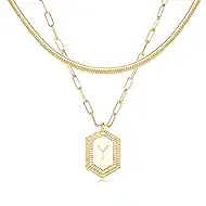 MYEARS Women Layered Necklace Gold Italian Snake Chain Choker Initial Hexagon Halo Radiant Pendant 14K Gold Plated Simple Dainty Paperclip Everyday Trendy Jewelry Letter A-Z