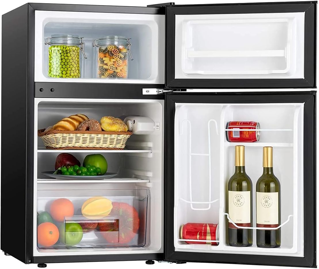 ROVSUN Compact Refrigerator, 3.2 Cu Ft 2 Door Mini Fridge with Freezer, Removable Shelves, Mechanical Temp Control, Ideal Food and Drink Beer Storage for Kitchen, Dorm, Office, Apartment (Black)