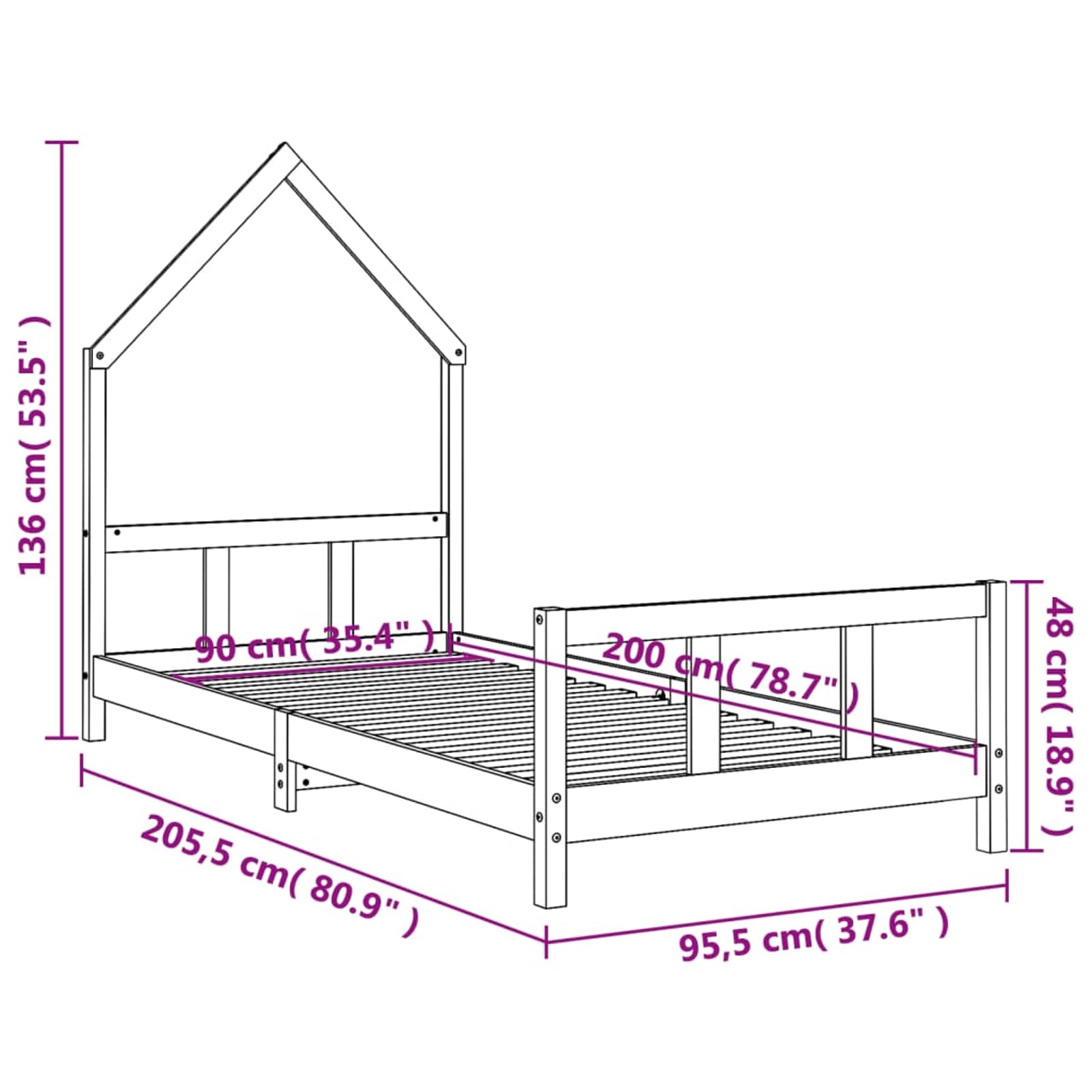 Holz Kinderbett Hausform Schwarz 205,5x95,5x136cm für Kinder ab 4 Jahren Model834569