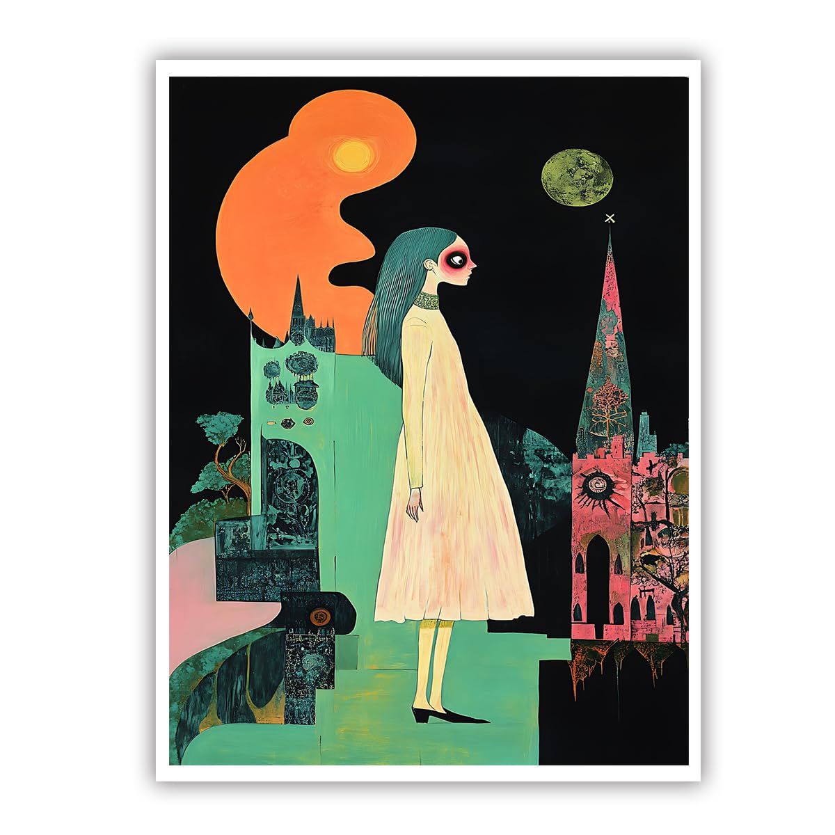 CHERHERART Gothic Canvas Prints Poster Surreal Strange Architecture Wall Art Dark Fantasy Castle Moonlight Canvas Prints Pictures for Kitchen 55x85cm Frameless