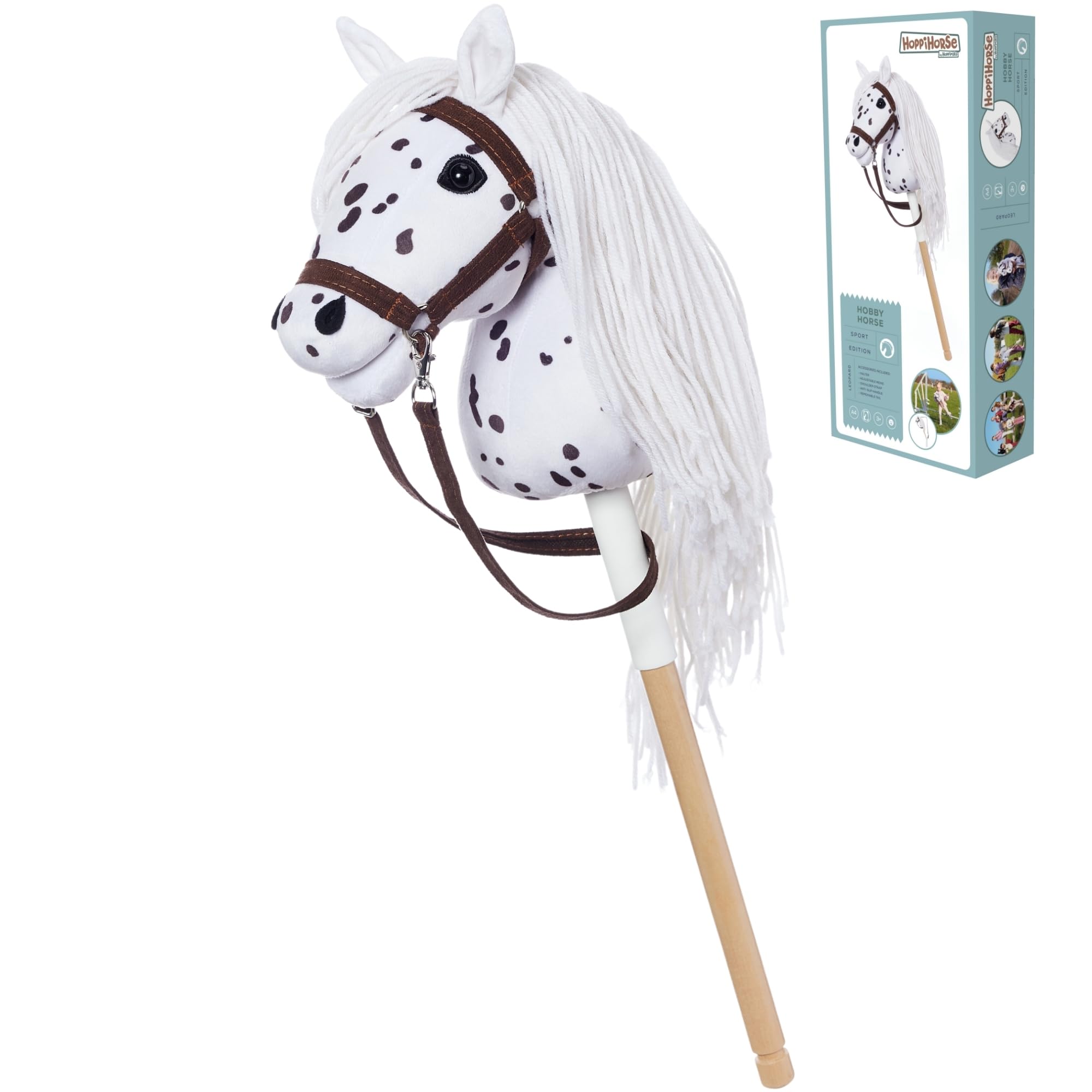 HOPPIHORSE Hobby Horse Deportiva A4 Caballo de Palo con Cabezada Riendas Correa Hombro Cola Empuñadura Silicona Peluche Caja Regalo