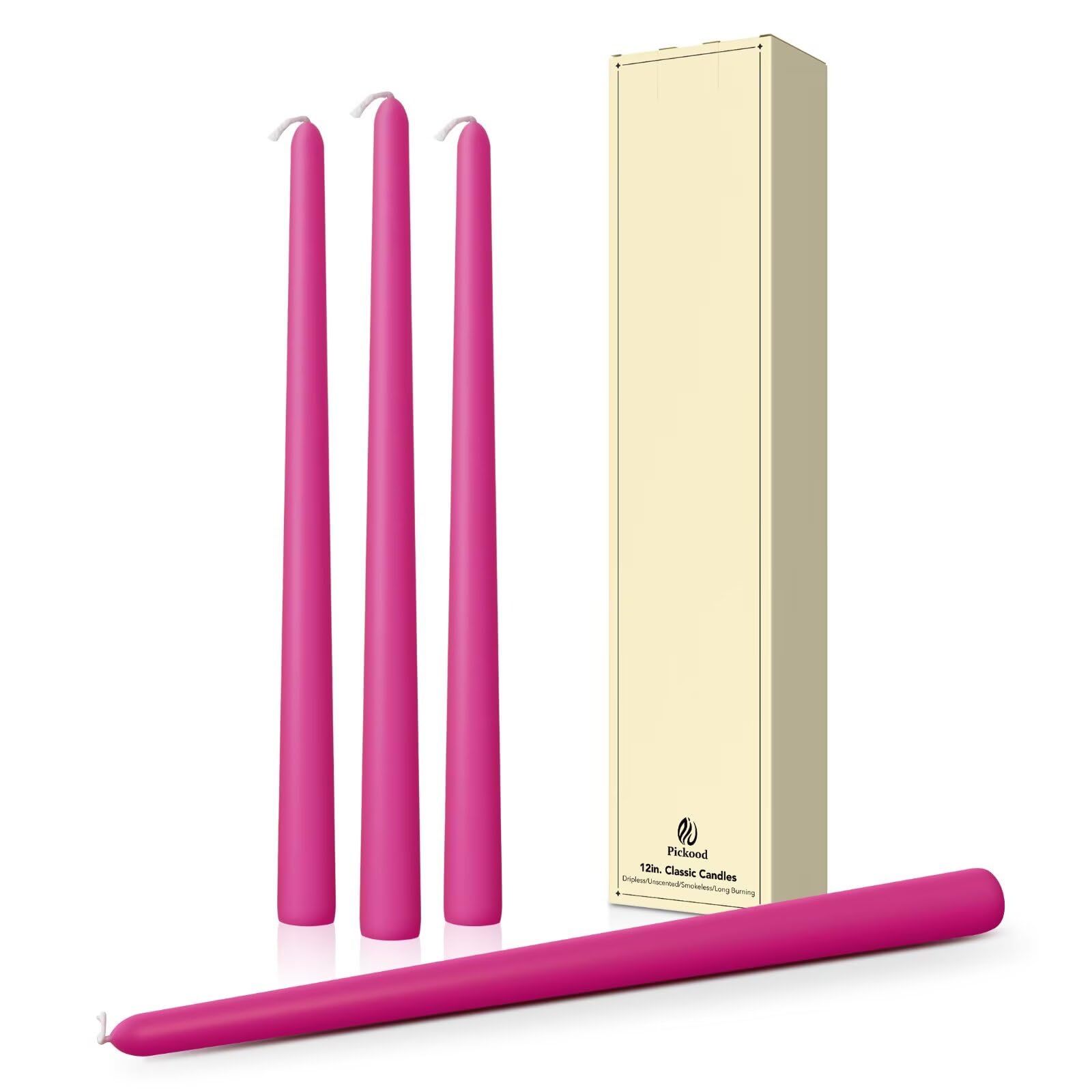 Pickood 12-Inch Tall Dripless Taper Candles Set of 4 - Hot Pink Tapered Candles, Perfect for Spring - Smokeless, Unscented, Long Burning - Hand Poured, Colored Tall Candlesticks - neon Pink