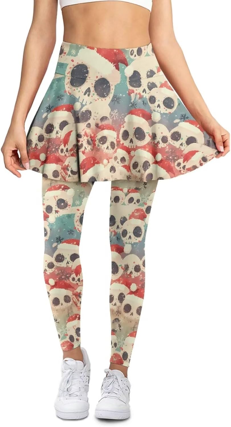 Skull Long Yoga Pants with Thigh Root Skirt, Butterfly Tennis Skirted Leggings, Feather High Waist Fall Skirts