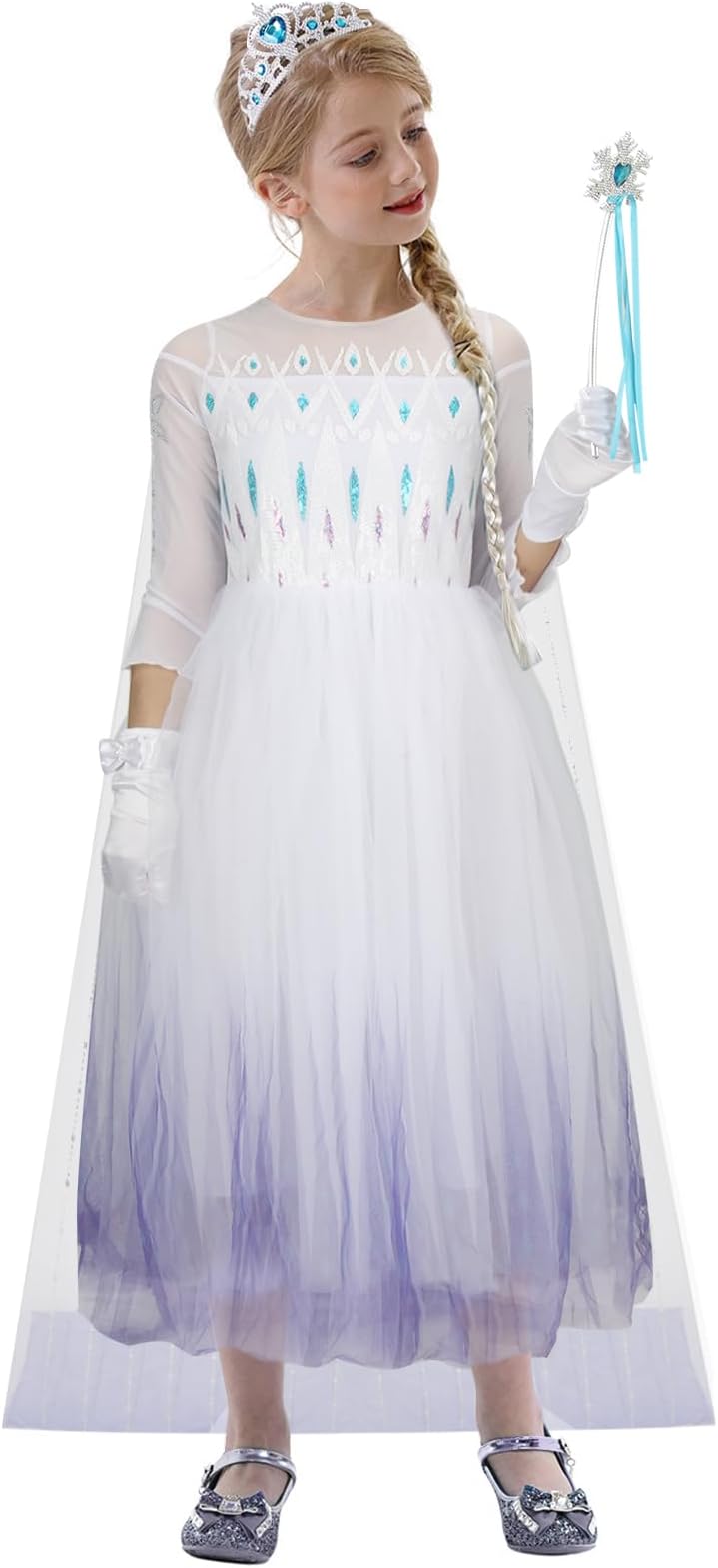 AMNPOLEN Kids Snow Princess Costume Dress Outfit with Accessories Little Girls Halloween Cosplay Ball Gown Dress up Suit