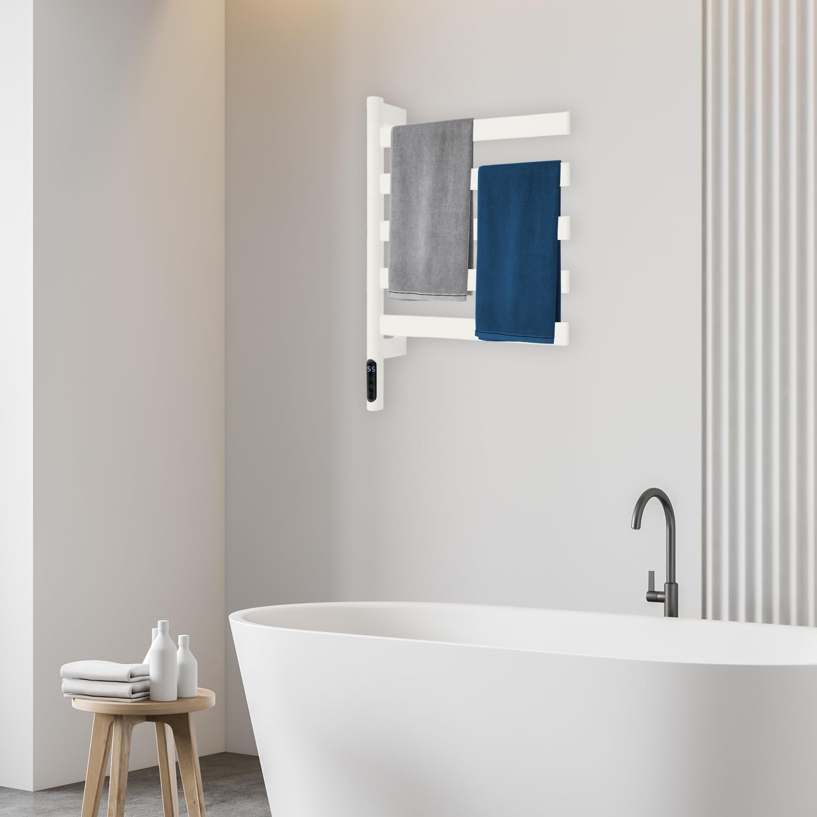 Weißer 5-stabiger Elektrischer Handtuchwärmer – Drehbar | Schnellheizung & Timer-Funktion | Ideal Für Badezimmer | Wellnessbereich & Gäste-WC – Stilvoll | Praktisch & Platzsparend