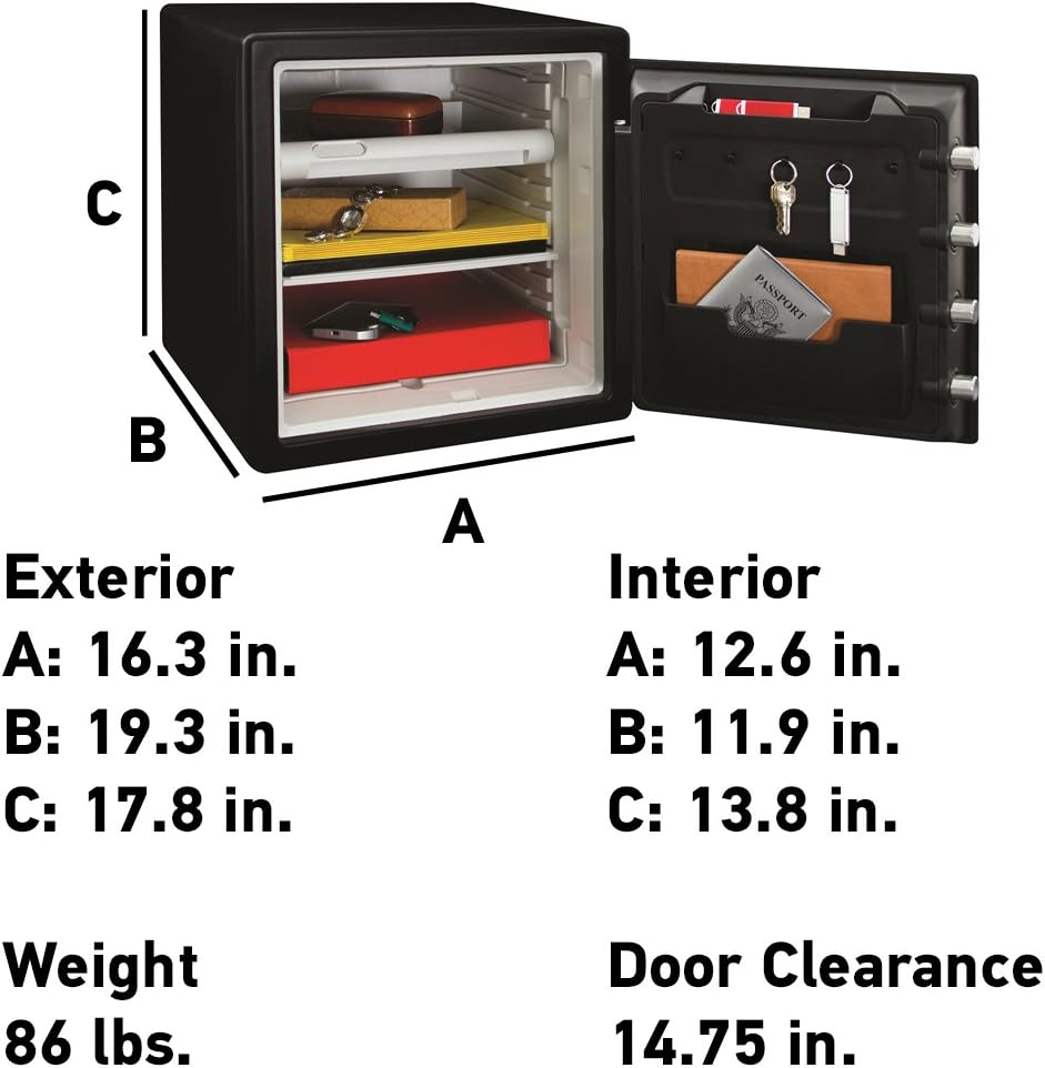 Diagram showing exterior and interior dimensions of the SentrySafe SFW123FUL safe.