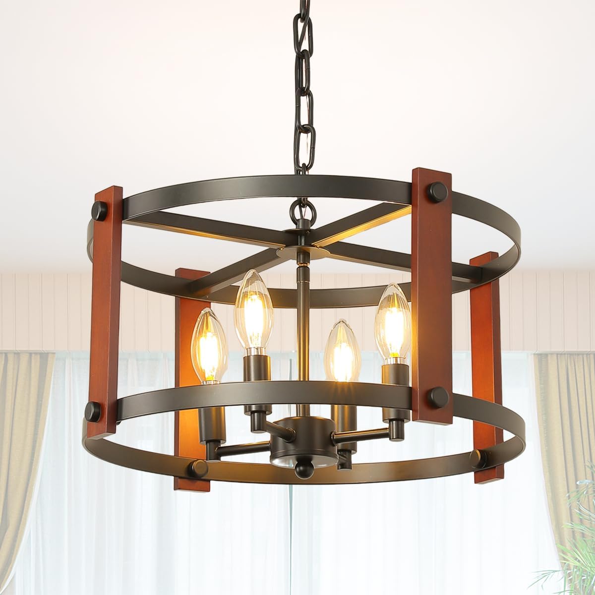 Farmhouse Wood Chandelier,18 Inch Black Modern Rustic Vintage Hanging Pendant Ceiling Light Fixture for Dining Room Bedroom Kitchen Island Hallway Foyer Entryway（4 Light