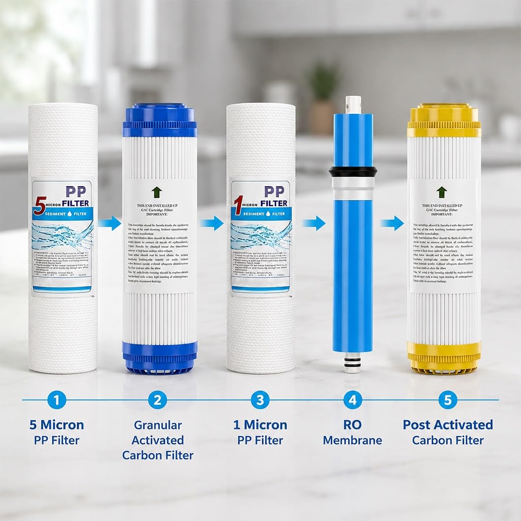2 Set di Filtri di Ricambio per Sistema di Osmosi Inversa A 5 Stadi da 10 Pollici, Cartucce Universali per Purificatore d'Acqua Sottolavello(100G)