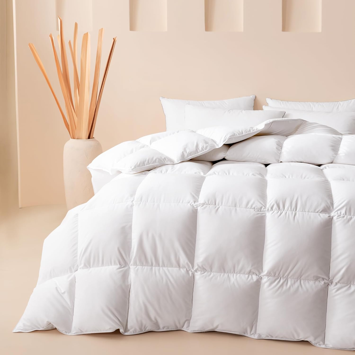 LINENWALAS Feather Comforter King Size, 50% Goose Duck Down & 50% Feather Warm Double Bed Size Duvet Special for Winter Quilt Fluffy Blanket (White, 100 x 108 Inches)-image-35