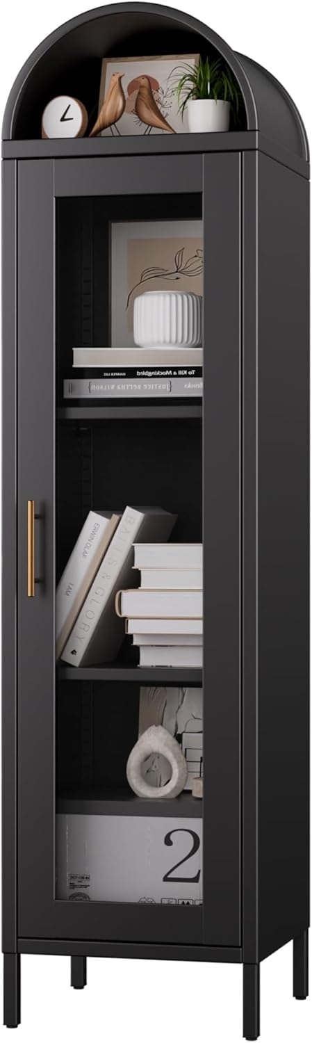 METAN Metal Arched Display Cabinet with Glass Doors,Home Arch Display Cabinet,Assembly Required,Black