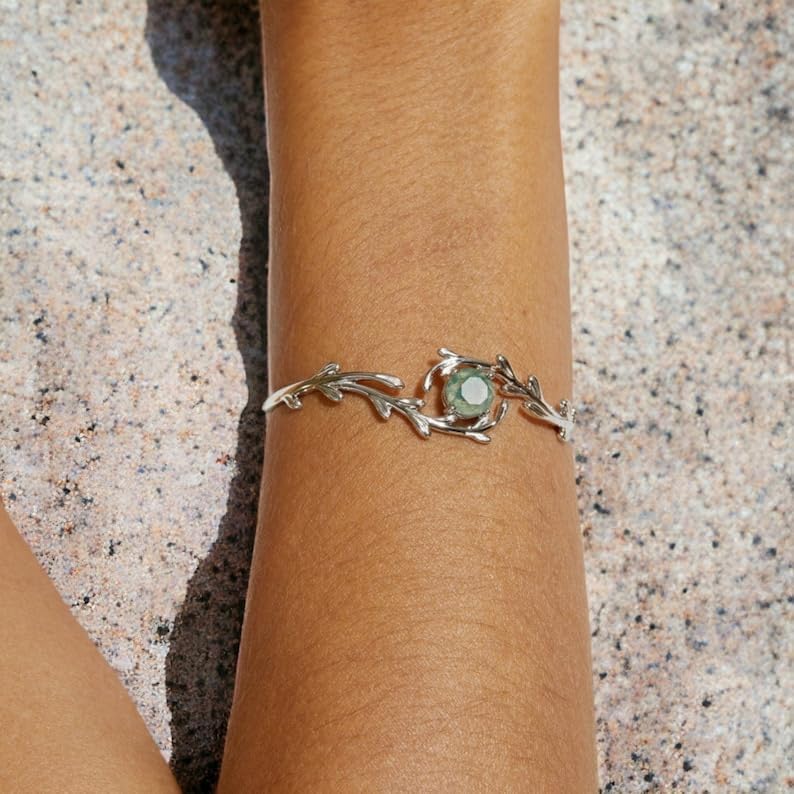 Adjustable Silver Green Moss Agate Gemstone Bracelet with Leaf Design - Unique Gemstone Bracelet - Natural Healing - Gift For Her