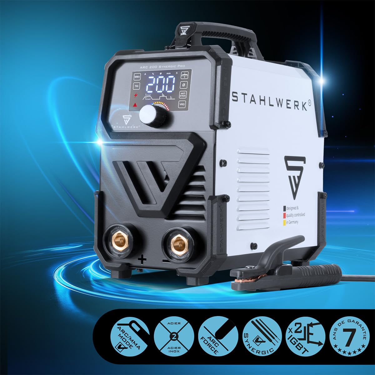 STAHLWERK Poste à souder à l'électrode ARC 200 Synergic Pro Digital – MMA jusqu'à 200 A, soudage sans gaz, Inverter Lift-TIG, Hotstart, fonction Antistick, Smart Cooling & protection surchauffe