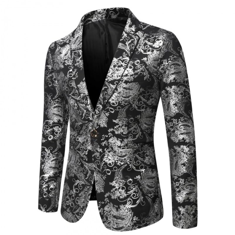 Men's Floral Print Blazer, Black and Gray, Long Sleeve, Notched Lapel2