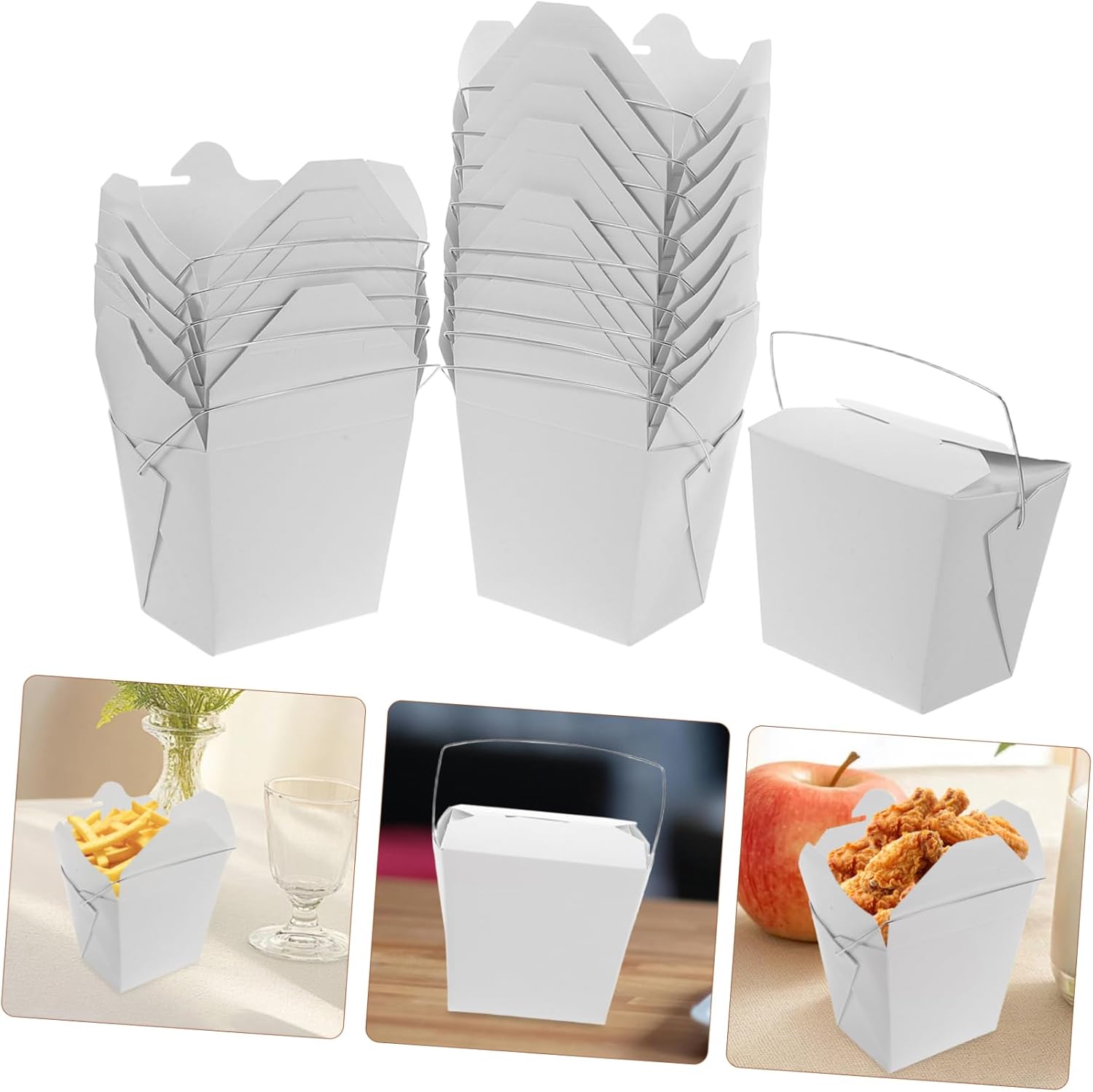 Cabilock 50pcs Chinoiserie Takeout Food Boxes Wire Handle Paper Containers for Hot Cold Food for Takeout Restaurant Party Wedding Camping