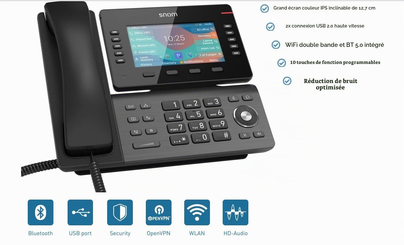 Snom D865 TéLéPhone Fixe VoIP avec ÉCran Couleur IPS 5 Inclinable, Wi-FI, Bluetooth 5.0, Audio HD, RéDuction De Bruit Avancée, 10 Touches Programmables, 2 Ports USB 2.0, Design ÉLéGant