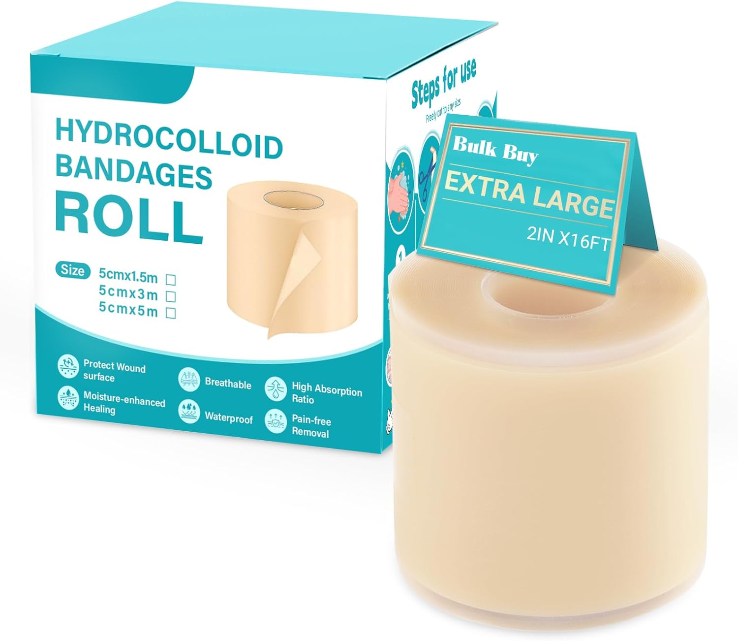 Upgraded 2in*16ft Hydrocolloid Roll for Wound Care, Hydrocolloid Patch Large Bandages with Self-Adhesive, Ultra Absorbent, Flexible, Waterproof, DIY Size, First Aid Kit Essential