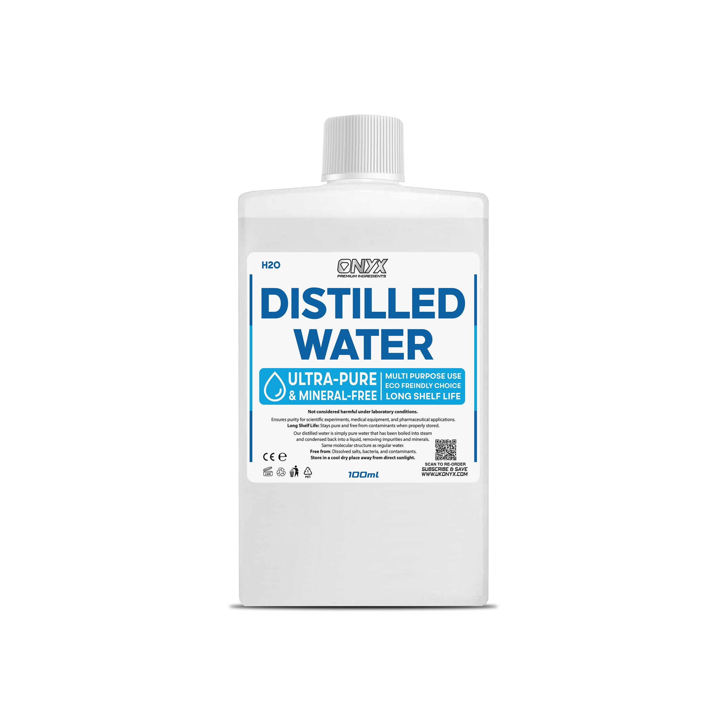 ONYX INGREDIENTS 101 Distilled Water 100ml - 100% Ultra Pure Water - For Labs, Irons, Humidifiers, Cleaning, Engines and more - Distilled in UK (0.1L)
