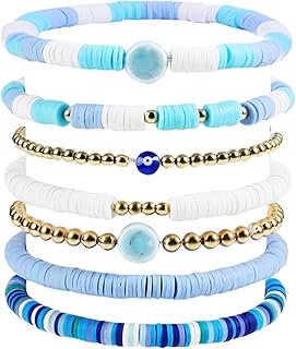 Heishi Surfer Bracelets Set,Colorful Preppy Bracelet Smile Heart Star Stretch Beaded Bracelets Evil Eye Beaded Bracelets Stackable Boho Y2K Pearl Bracelets Set Clay Polymer Bead Aesthetic Bracelets Summer Beach Layering Bracelet Jewelry for Women Girls
