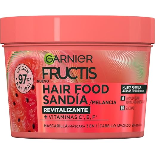 Garnier Fructis Hair Food, Mascarilla Sandía Revitalizante, Nutre y Suaviza, Para Cabello Seco o Apagado, Fórmula Vegana, Sin Siliconas, 390 ml