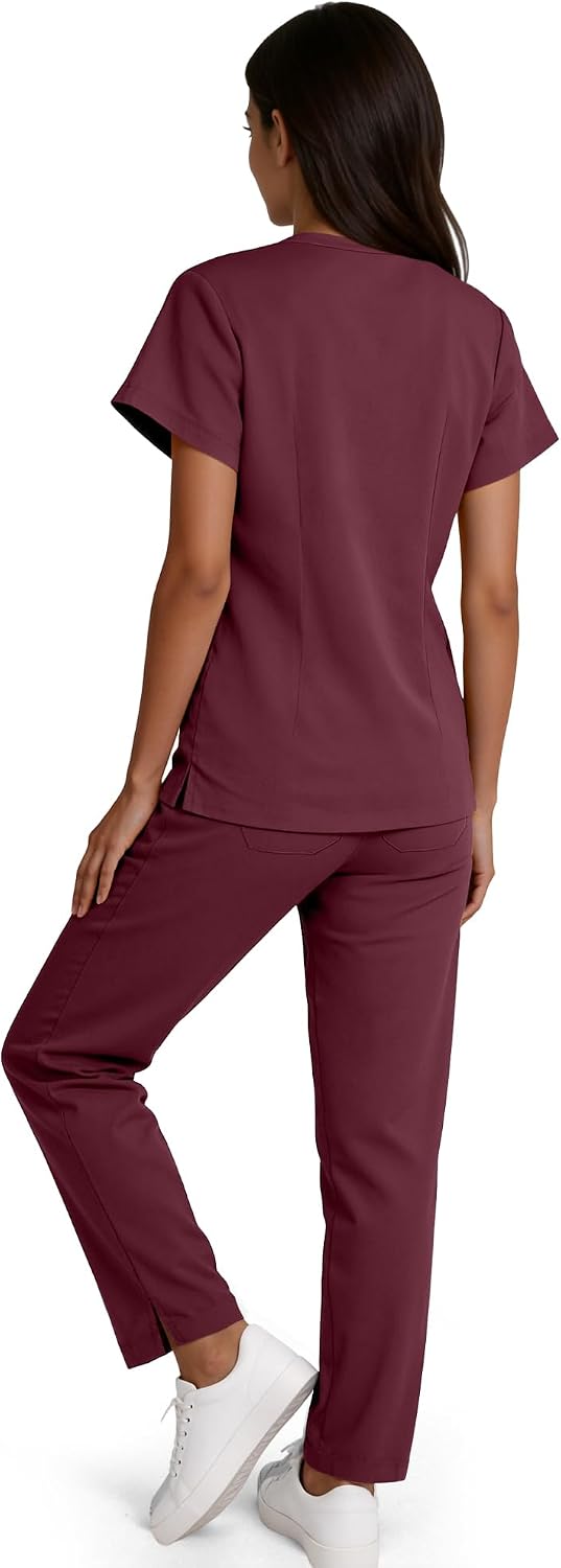 Scrubs Set for Women - Medical Uniform Sets with V-Neck Top & Straight Leg Pants, 9 Pockets, Slim Fit,Utility strap